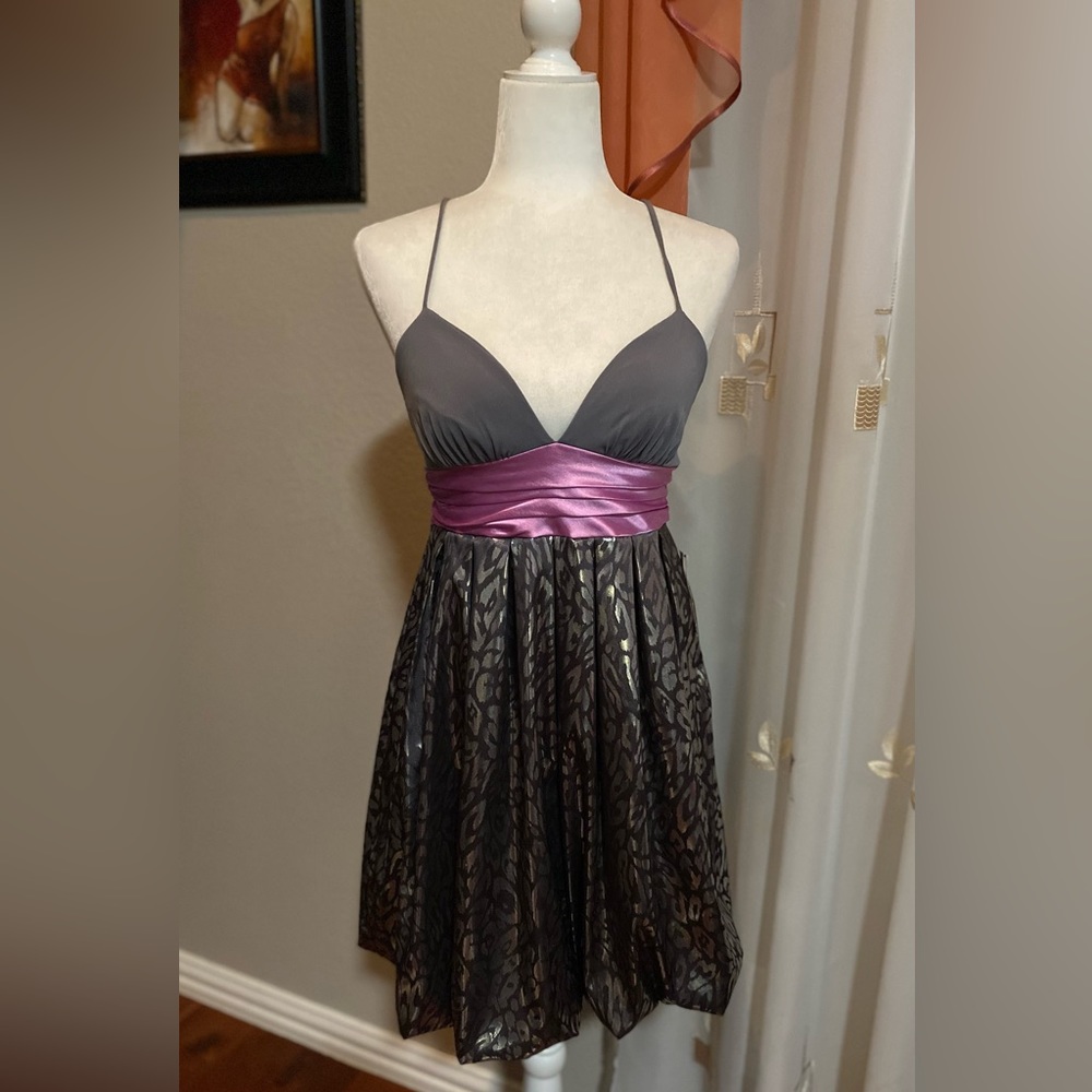 NWT Jodi Kristopher Cami Prom Party Dress Gray Metallic Ballon Hem Vintage 5/6